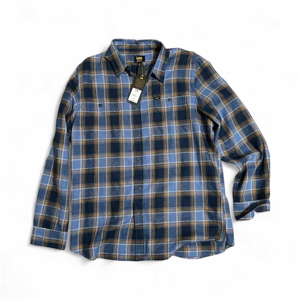 Lee Men's Large Casual Blue and Brown Button Down Plaid Shirt NWT
